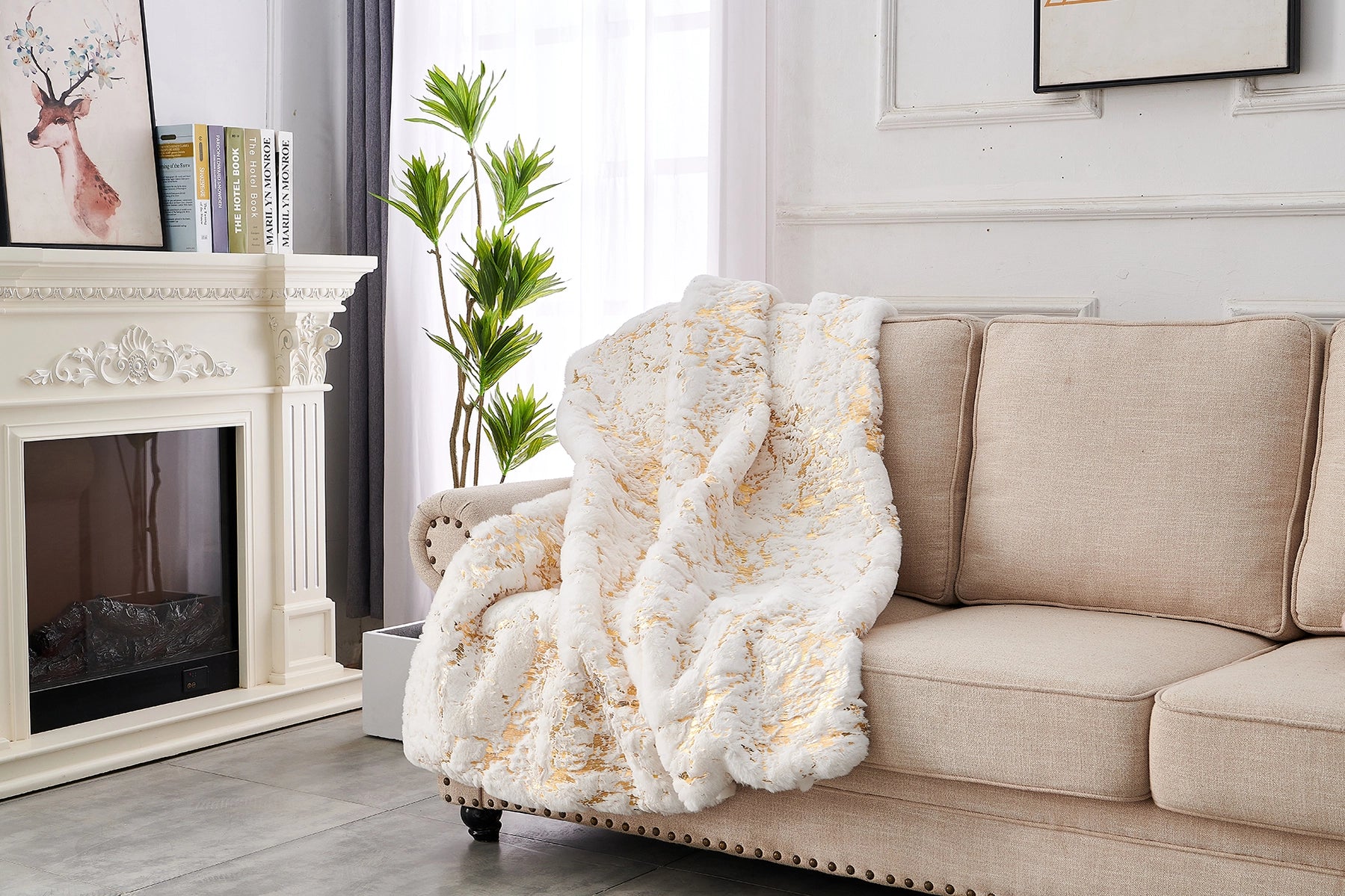 White and Gold Gilded Chinchilla Faux Throw Blanket