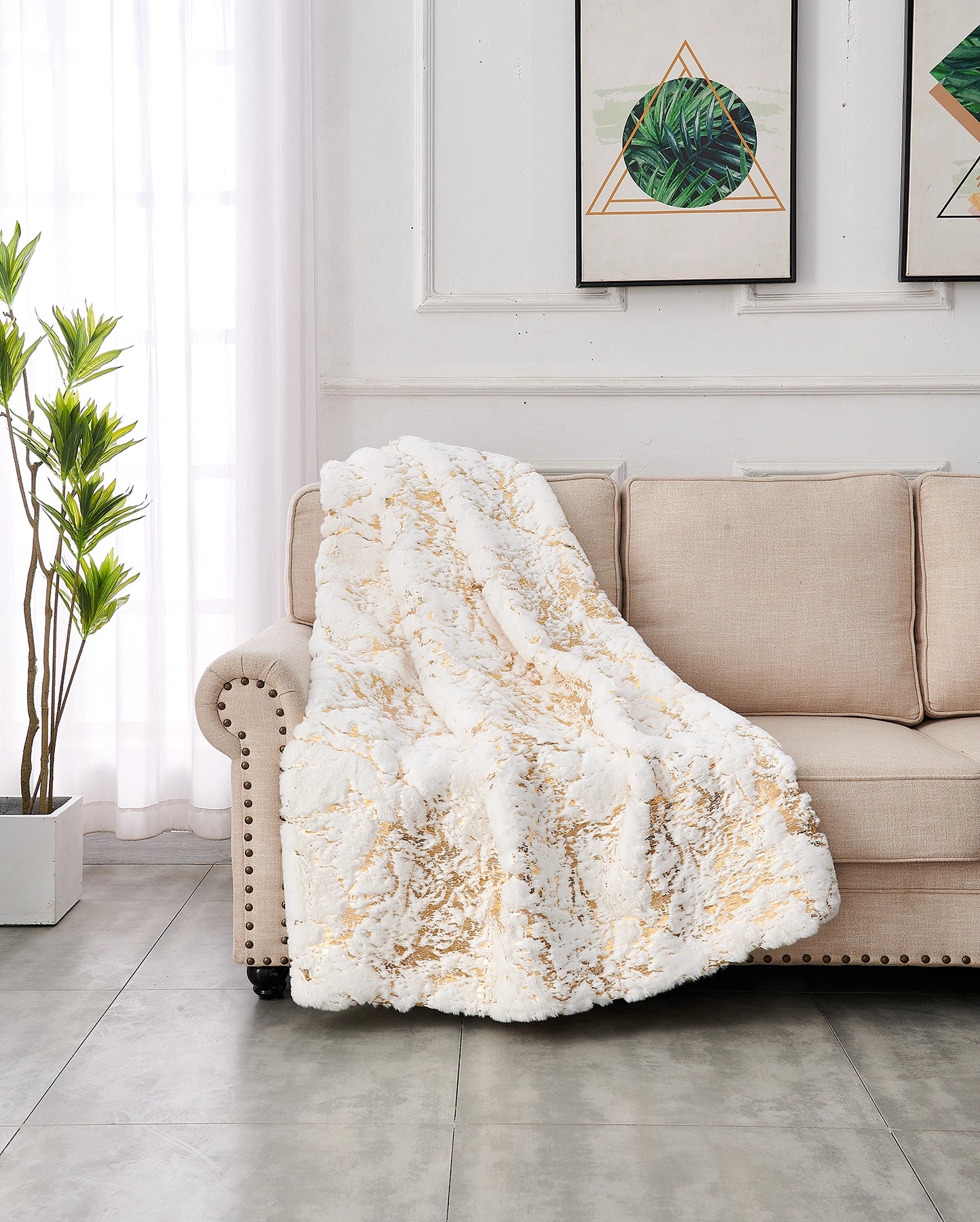 White and Gold Gilded Chinchilla Faux Throw Blanket