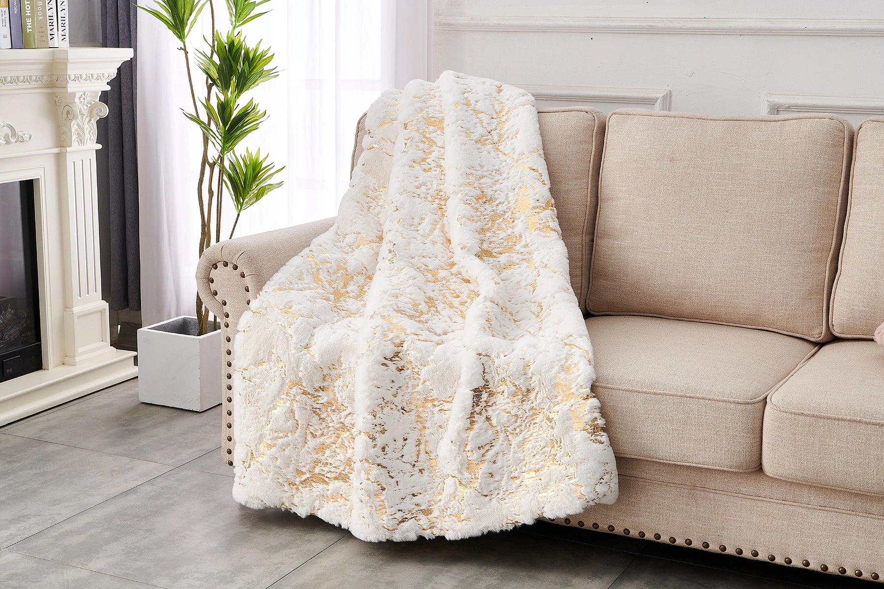 White and Gold Gilded Chinchilla Faux Throw Blanket